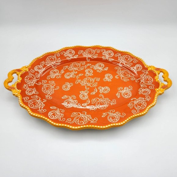Tara Temptations Pumpkin Floral Lace Platter Serving Tray w Handles Orange 19 in